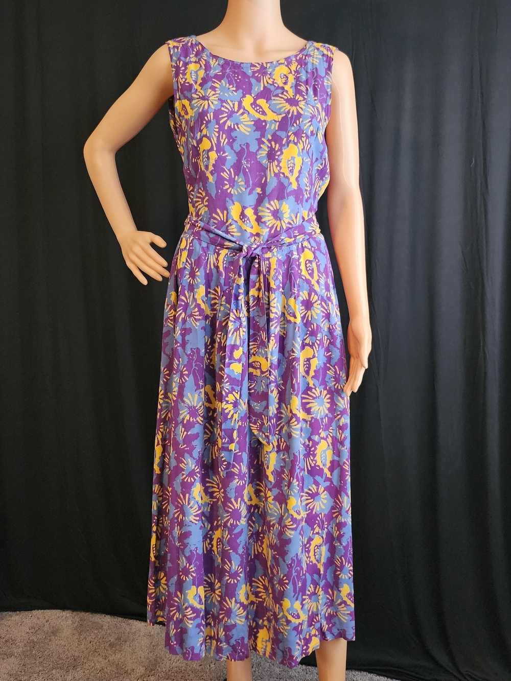 Purple Floral Sleeveless Tie-Waist Maxi Dress